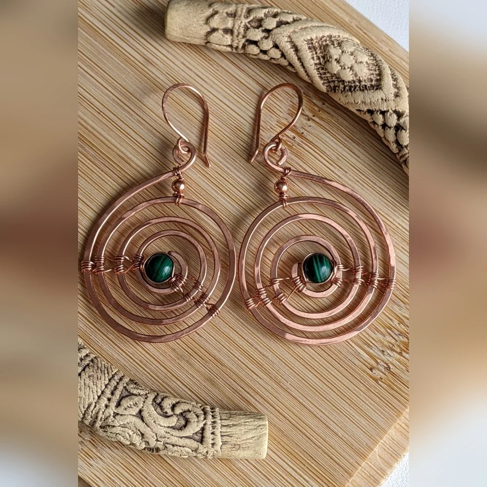Industrial Urban Copper Spiral Earrings Natural Malachite Gems Earthy Bold - Picture 2 of 12